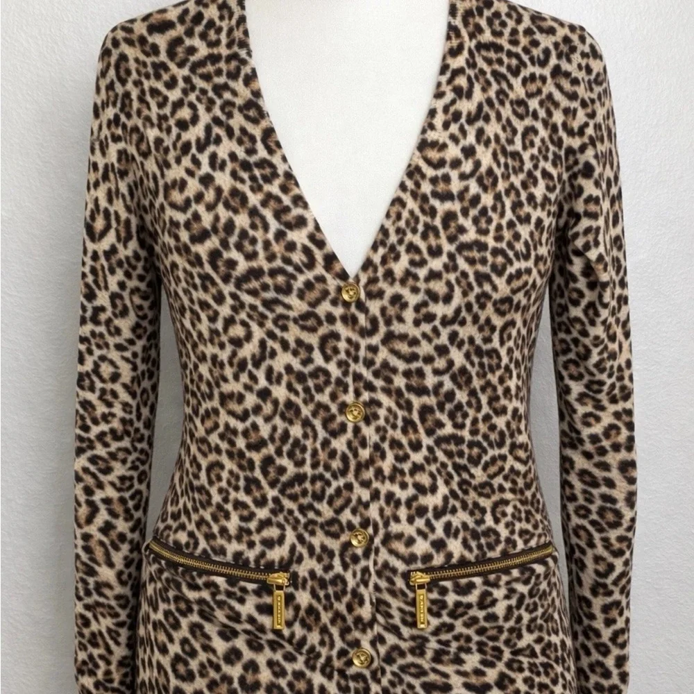 MICHAEL KORS ANIMAL PRINT LONG SLEEVE LONG CARDIGAN WITH LOGO ZIPS & BUTTONS M